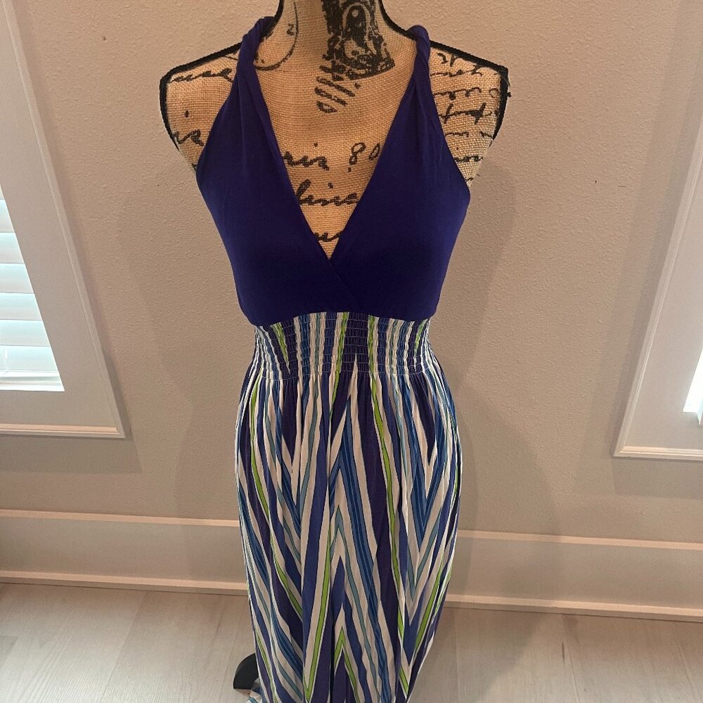 Felicity & Coco Maxi Dress Empire Waist Racerback Purple Green Blue Chevron Sz S